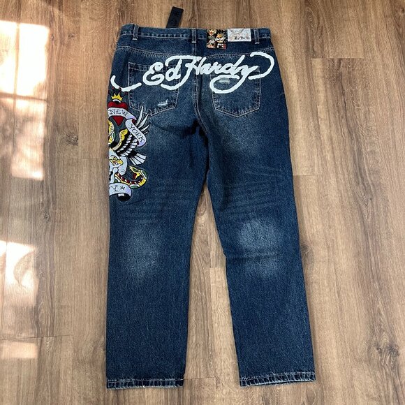 NEW Ed Hardy NYC Skull Snake Eagle Tattoo Slim Fit Distressed Jeans - Picture 5 of 13
